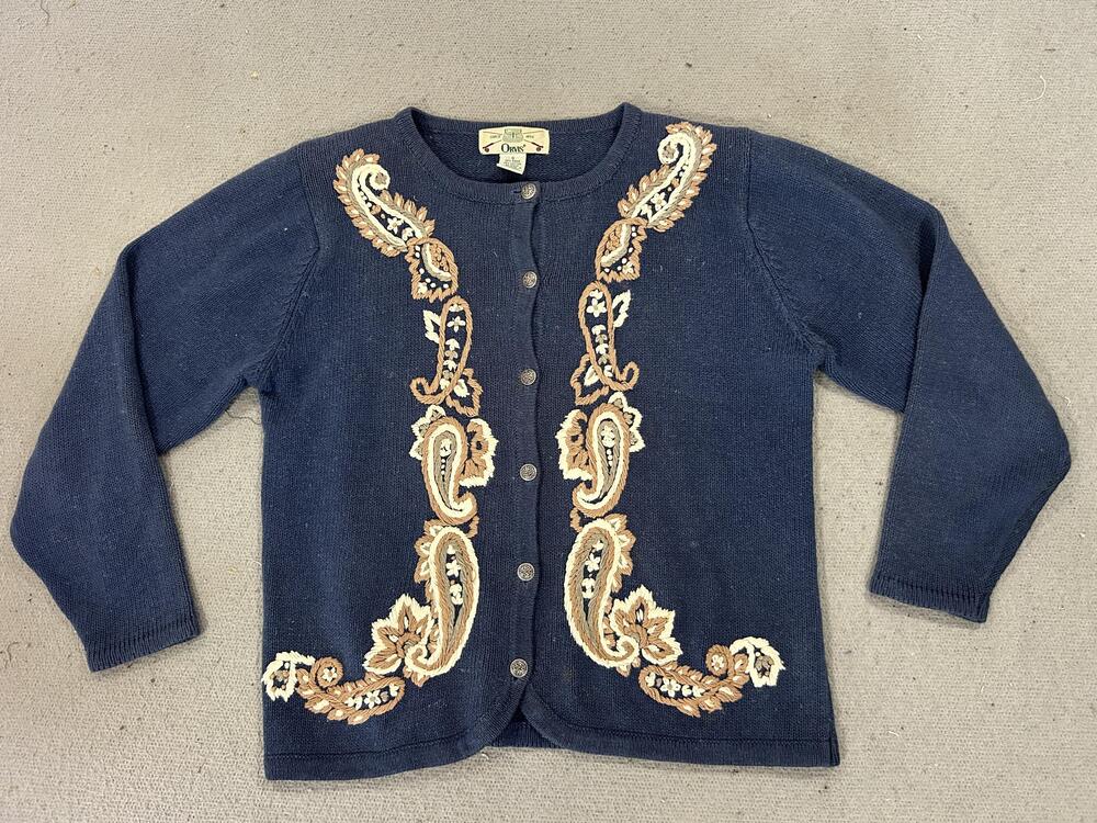 Vintage Orvis Cardigan Sweater Womens Medium Navy Embroidered Grandma Modest 90s